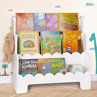 Kids Bookshelf Wooden 3-Tier, Scalloped Book Shelf for Kids Rooms, Front Facing Toddler Montessori Bookshelf, Baby Nursery Book Shelves Kids Classroom Bookshelf Bookcase (White)