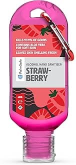 Strawberry 60ml Anti Bacterial Premium Hand Sanitiser Travel Size Refillable Clip Bottle Quick Drying Non Sticky Extra Moisturising Kills 99.9% of Viruses and Bacteria