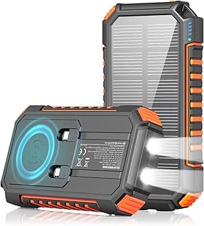 Solar Charger Power Bank 20000mah - Riapow 22.5W Wireless Portable Charger with Built-in 2 Cables, USB C PD QC 3.0 Fast Charging Output, Dual Flashlights Battery Pack for Phone Tablet Camping