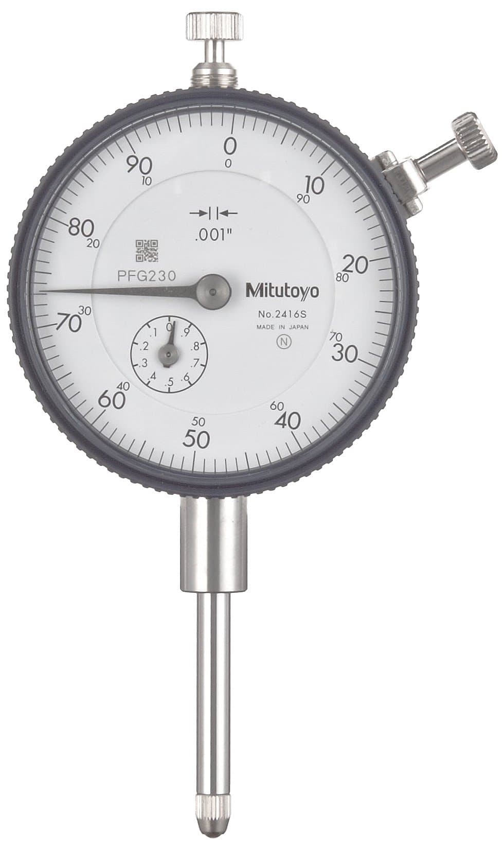 Mitutoyo "2416S" Dial Indicator, #4-48 UNF Thread, 0.375" Stem Dia., "Lug Back," White Dial, 0-100 Reading, 2.244" Dial Dia., 0-1" Range, 0.001" Graduation, +/-0.002" Accuracy