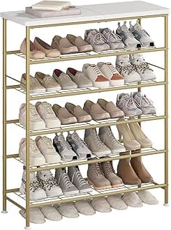 SUOERNUO Shoe Rack Organizer 6 Tier for Closet Entryway Free Standing Metal Storage Shoe Shelf with MDF Top Board，Gold