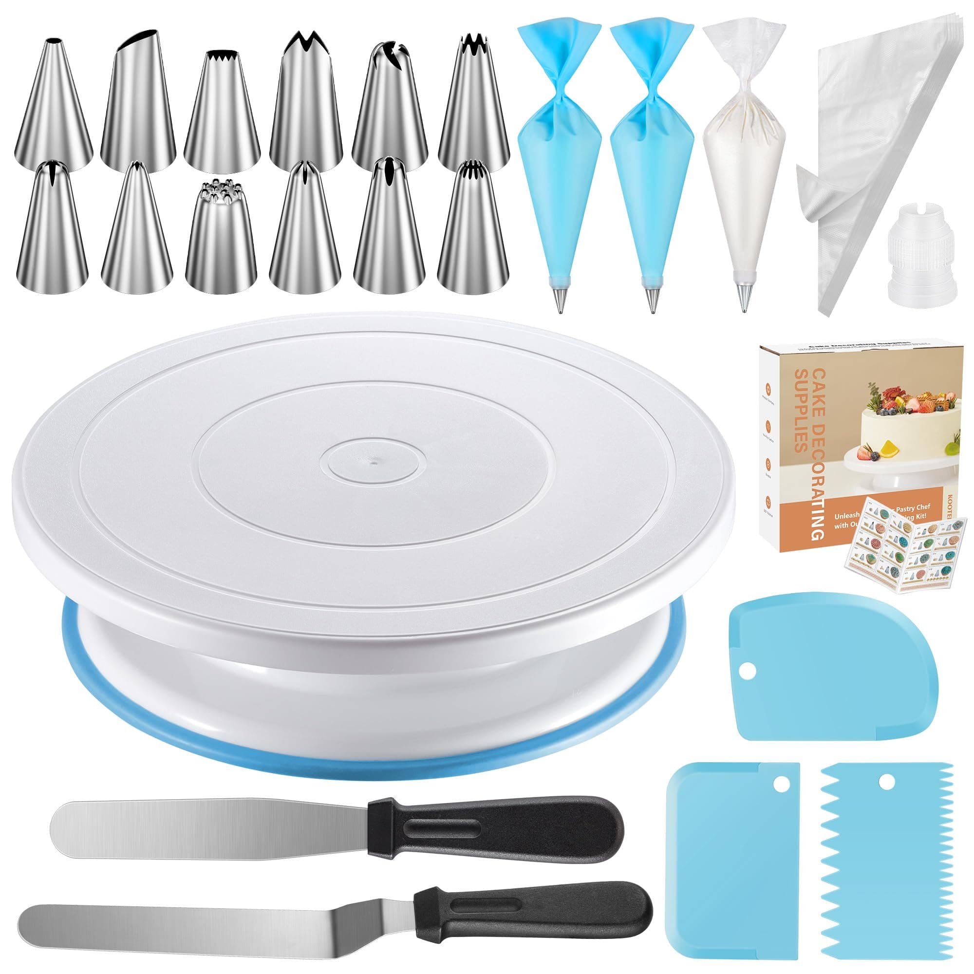 Kootek 71PCs Cake Decorating Kit, Baking Supplies Tools - Includes Cake Stand Turntable, 12 Icing Piping Tips Set, 2 Frosting Spatulas, 3 Scrapers, 50+2 Piping Bags, Coupler, Video Tutorial, Booklet