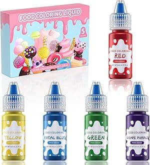 Food Coloring Liquid - 5 Food Grade Vibrant Colors Food Coloring Liquid Set, Food Dye Color for Baking, Icing, Cookie, Cake Decorating, Easter Egg, DIY Making Supplies Kit (0.25 Fl Oz (Pack of 5))