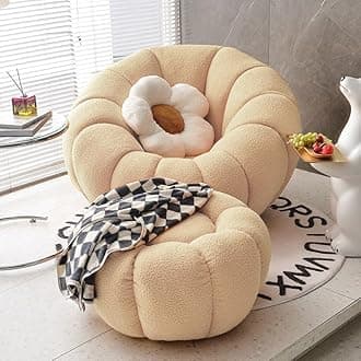 MAPLE HOME DECORATIONLamb Fleece Sofa Set Modern Nordic Flower Minimalist Style Sofa for Living Room Furniture (Beige-Single Seater+Footstool)