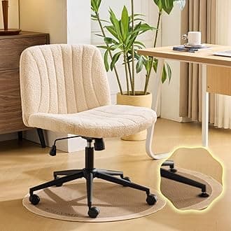 VINGLICriss Cross Legged Chair,Wide Comfy Office Desk Chair,Dual-Use with/no Wheels Computer Task Chair,Swivel Armless Vanity Boucle Chair for Study,Make Up,Home Office,Teddy Fleece,Khaki