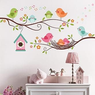 DILIBRA Robin Bird and Tree Branch Wall Stickers, Colorful Cute Cartoon Lovely Birds Singing On The Branch with Flowers Wall Decal, Removable DIY Mural Decorations for Living Room Bedroom Baby Room