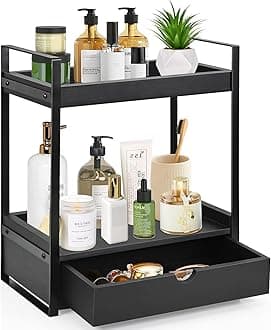 2-Tier Wood Counter Shelf with Drawer, Organizer for Bathroom & Kitchen, Vanity Tray for Organization & Decor (Black)