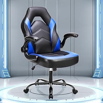 Computer Gaming Chair - PU Leather Ergonomic Lumbar Support with Flip-up Armrest and 360° Swivel Wheels, Height Adjustable Task Home Office Desk Video Racing, Blue