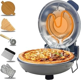 ECUMFFY Pizza Oven Indoor, 12 Inch Retro Pizza Maker, Rapid Heating 800˚F, 1200W Glazed Ceramic Stone Electric Pizza Cooker, Two-button Precise Temperature Control, Viewing Window for Precise Cooking