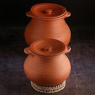 Swadeshi Blessings Handmade Exclusive Range Unglazed Clay HotCase/Earthen Pot for Cooking & Serving with Lid(Natural Firing Shade & Mirror Shine) (Combo 2&3 litres)