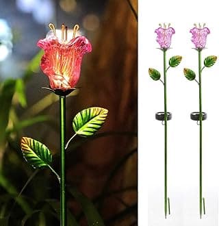 Outdoor Solar Garden Stake Lights, 2 Pack Solar Powered Stake Lights with Pink Glass Lily Flower,Warm White LED Solar Metal Landscape Decorative Lights for Patio,Yard Decoration