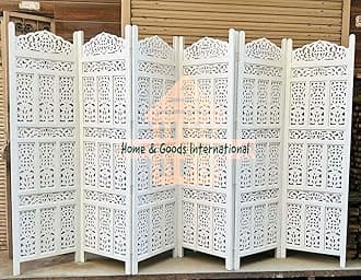 Wooden Room Divider Partition - Foldable Wood Screen Separator for Living Room, Bedroom, Office, Restaurant - Kangra Badrun, (6 Panel White)
