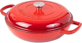 nuovvaShallow Cast Iron Casserole with Lid – Non Stick Dutch Oven Pot – Sturdy Ovenproof Stockpot Cookware – Enamelled Cooking Pot – Red, 3L, 30cm –