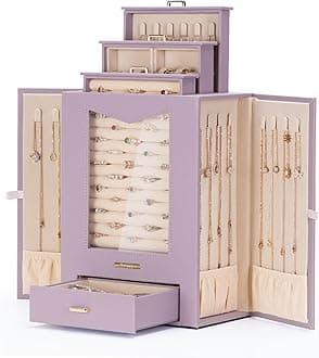 Homde Jewelry Organizer with Transparent Window Necklace Hooks Gift for Women Jewelry Box Display Case for Necklaces Rings Earrings Bracelets and Other Accessories (Grey Purple)