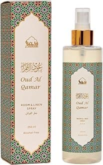 Dukhni Oud Al Qamar Attar Al Faraash | 250ml Non Alcoholic Spray | Arabic Natural Mist | Air Freshener, Room Mist, Fabric & Linen Spray | Perfect for Prayer mats, beds, sofas, curtains | Halal