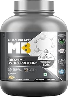 MuscleBlaze Biozyme Whey Protein Powder, Blend of Whey Isolate & Concentrate | 25g Protein, 11.8g EAA & 5.5g BCAA Per Scoop (Kesar Kulfi, 2kg / 4.4lbs)