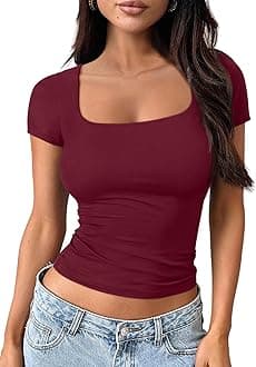 Trendy Queen Short Sleeve Shirts for Women Double Lined Square Neck Cute Going Out Crop Tops Spring Summer Teens Basic Tees