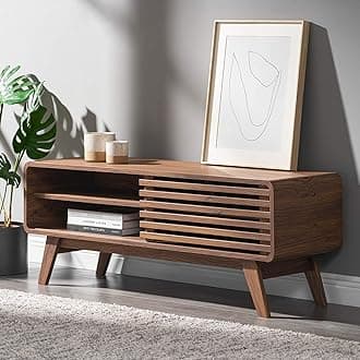 Ensley 46" TV Stand with Slatted Door, Mid Century Modern Entertainment Center for 55/60/65 inch TV, Farmhouse Media Console with Storage, Adjustable Shelves, Round Edges, Living Room (Walnut)