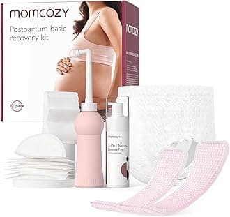 Momcozy Postpartum Recovery Essentials Kit, Labor Delivery Mom Care Kit, Self-Absorbent Disposable Underwear Nursing Pads Upside Down Peri Bottle Cold Pads Cooling Foam Canvas Bag Set