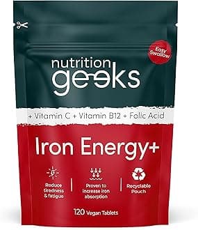 Iron Tablets High Strength - Energy Tablets with Vitamin C, B12 & Folic Acid - 120 Vegan Iron Supplements for Women and Men - 14mg - Enhanced Energy Support & Increased Absorption - UK Made