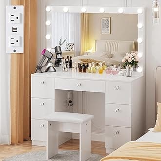VOWNER Vanity with Lighted Mirror - Makeup Vanity Desk with Power Outlet and 7 Drawers, 3 Color Lighting Modes Adjustable Brightness, 44" Vanity Table with Soft Cushioned Stool for Women Girls, White