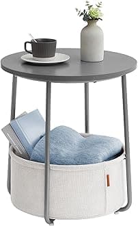 VASAGLE Small Round Side End Table, Modern Nightstand with Fabric Basket, Cement Gray and Cream White ULET223G49