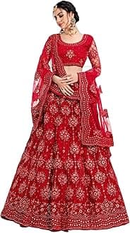 PREHANA FASHION Women's Soft Net/Satin Embroidery Semi Stitched Lehenga, Choli With Dupatta Set