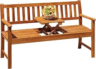 Devoko Outdoor Bench, 2-Person Garden Bench, Patio Wood Bench Outdoor Loveseat with Pull-Out Center Table for Backyard, Balcony and Patio and Garden (Deep Log Color)