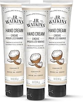 J.R. Watkins Natural Moisturizing Hand Cream, Hydrating Hand Moisturizer with Shea Butter, Cocoa Butter, and Avocado Oil, Cruelty Free, 3.3oz, Coconut, 3 Pack