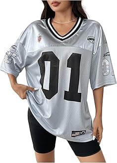 SOLY HUX Women's Jersey Shirts Letter Graphic Oversized Mesh Tees V Neck Half Sleeve Loose T Shirt Tops