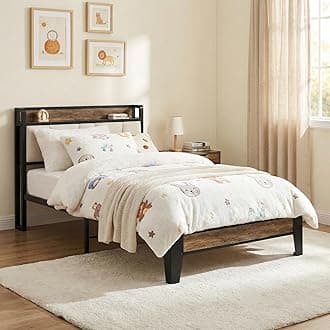 LIKIMIO Twin Bed Frames, Storage Headboard with Charging Station, Solid and Stable, Noise Free, No Box Spring Needed, Easy Assembly (Walnut and Beige)