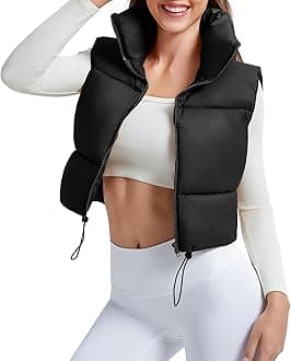Women's Winter Cropped Puffer Vest Crop Jackets For Women Full Zip Stand Collar Padded Lightweight Outwear Vest