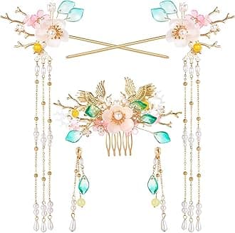 5PCS Goose Hairpin, Crystal Rhinestone Pearl Hair Clips Headpiece Retro Flower Chinese Hanfu Wedding Brides Hair Accessories Jewelry for Women Girls Updo Long Hair