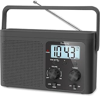 DreamSky AM FM Radio Portable - Shortwave Radio Battery Powered or Plug in Wall for Home Outdoor, Strong Reception, Large Dial Easy to Use, Digital Time Display, Transistor Antenna, Seniors Small Gift