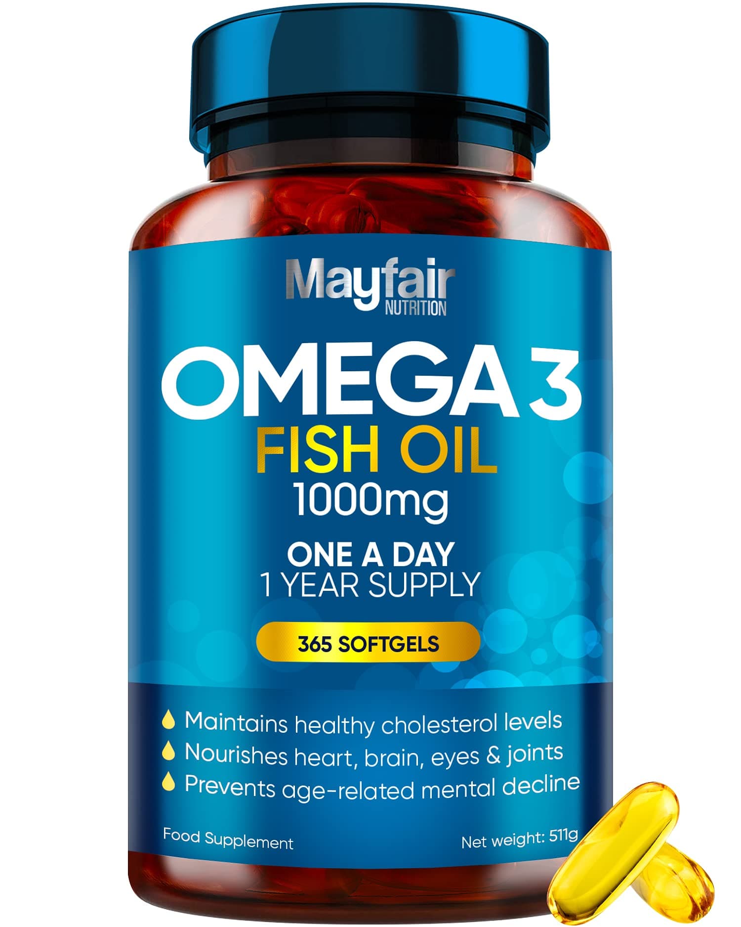 Omega 3 1000mg Capsules - 365 Fish Oil Tablets with EPA & DHA - One a Day - Supports Heart, Vision, & Brain Health - 1 Year Supply - Made in UK