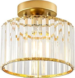 Crystal Gold Semi Flush Mount Ceiling Light, Modern Hallway Light Fixture, Metal Close to Lamp for Bathroom Entryway Bedroom Kitchen(8.66 inch)