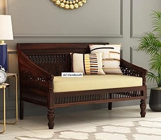 Solid Sheesham Wood Sofa Set for Living Room|Sofas|Wooden Sofa Set (Walnut & Cream, 2-Person Sofa)