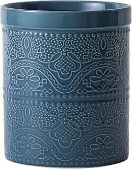 FE FUN ELEMENTS Kitchen Utensil Holder, 7.2" Super Large, 4 Pound Capacity, Grayish Blue Ceramic & Stainless Steel Utensil Crock