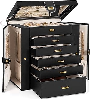 AKOZLIN Large Jewellery Box Organizer Functional Huge Lockable, Leather Jewelry Storage Case Holder Organizer with Mirror (Black)