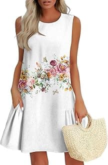 Sun Dresses for Women 2025,Lightning+Deals+of+Today+Prime Casual Floral Summer Sleeveless Tank Dress Ruffle A-Line Hawaiian Mini Dress Boho Sundresses Beach Vacation Clothes White XL