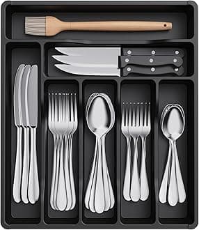 Lifewit Silverware Drawer Organizer Tray, Plastic Cutlery Storage for Kitchen, Flatware and Utensil Holder Divider for Spoons Forks Knives Tableware, 12.3 x 14.2", 7 Slots, Black