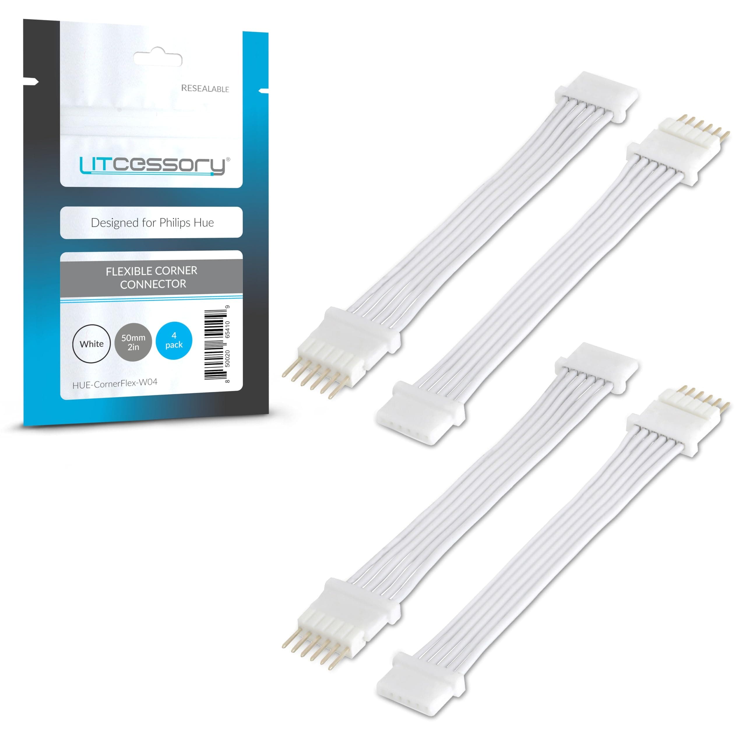 Litcessory Flexible Corner Connector/Extension Cable for Philips Hue/Solo Lightstrip (50mm, 4 Pack, White - MICRO 6-PIN V4 / Solo Lightstrip)