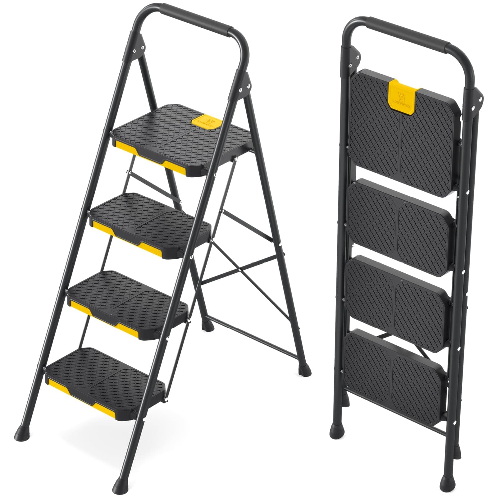 4 Step Ladder, Sturdy Steel Step Stool with Safe-Lock Design, Handrail, Anti-Slip Wide Pedals, Pass 800lbs Load Testing, Folding Portable Ladder for Multi-Purpose, Home, Kitchen, Black