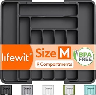 Lifewit Extendable Cutlery Drawer Organiser, Adjustable Cutlery Tray, Utensil Holder for Forks, Spoons, Knives, Plastic Kitchen Organiser and Storage, 9 Compartment, 30-50 x 38cm, Black