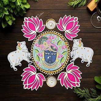 7 Pc Pink Lotus Shrinathji and pichwai Cow Cutouts diyas Rangoli Deepak Diyas Home Temple Decorations for Diwali, Dusshera Wedding Pooja Festival New Year Gift