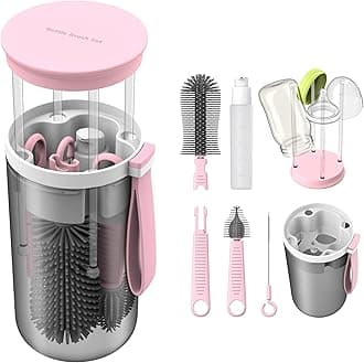 Travel Baby Bottle Brush Set with Extendable Liquid Silicone Bottle Brush，Nipple Brush，Built-in Bottle Drying Rack，Straw Cleaner Brush，Baby Bottle Soap Dispenser，Bottle Warmer (Pink)
