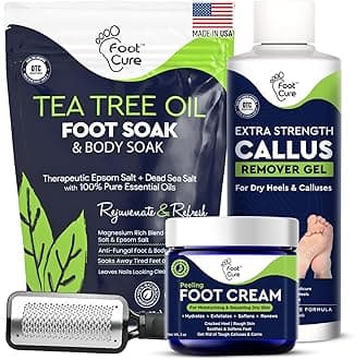 - FOOT CURE Exfoliator & Callus Remover Pedicure Set – Care Kit Includes File for Dead Skin, Tea Tree Oil Soak Salts, Urea Cream 40 Percent Removal Gel Made in USA, Ivory, 4 Piece