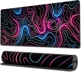 Ovenbird Gaming Mouse Pad with Stitched Edges, Topographic Map Pink Extended XL Mousepad with Anti-Slip Base, Cool Neon Large Mouse Pad for Desk, 31.5 x 11.8 in, Pink and Blue