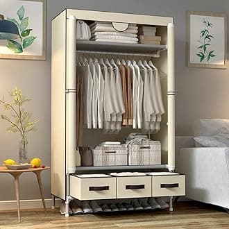 Portable Canvas Wardrobe with 3 Drawers and Hanging Rail, 90x45x170cm for Bedroom, Beige