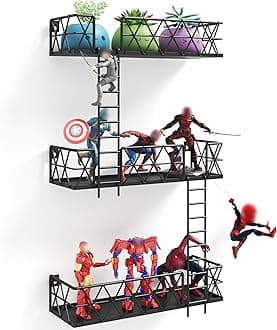 LUDOUR Fire Escape Wall Shelf - 3 Tier Fire Escape Ladder Wall Shelf 16.5’’ Long, New York Metal Decorative Shelf for Action Figure Display, Black Floating Wall Shelves for Bedroom, Home Décor.